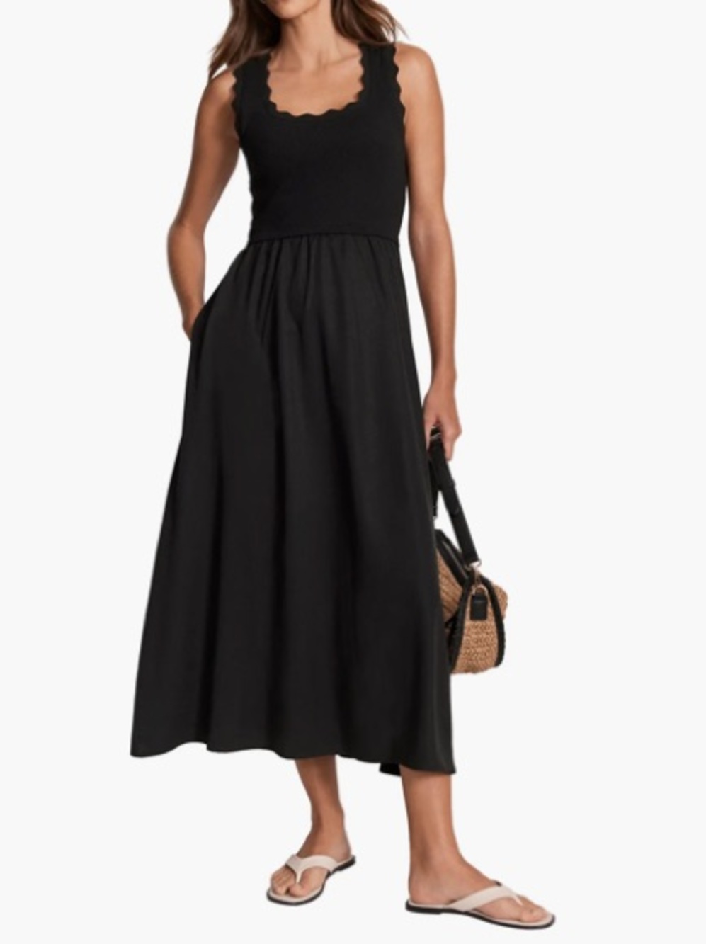 Mint Velvet Black Scallop-Neck Midi Dress M